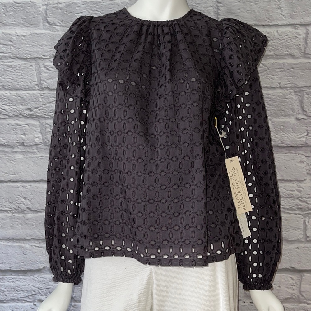Kate Hudson Happy X Nature Eyelet Long Sleeve Charcoal Gray Blouse S NWT